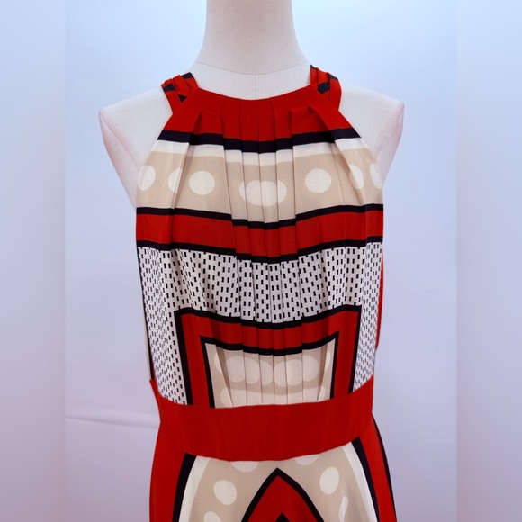 Eliza J Scarf Boho Halter Maxi Dress Red Beige Abstract Geometric Design Size 10 - Picture 13 of 17